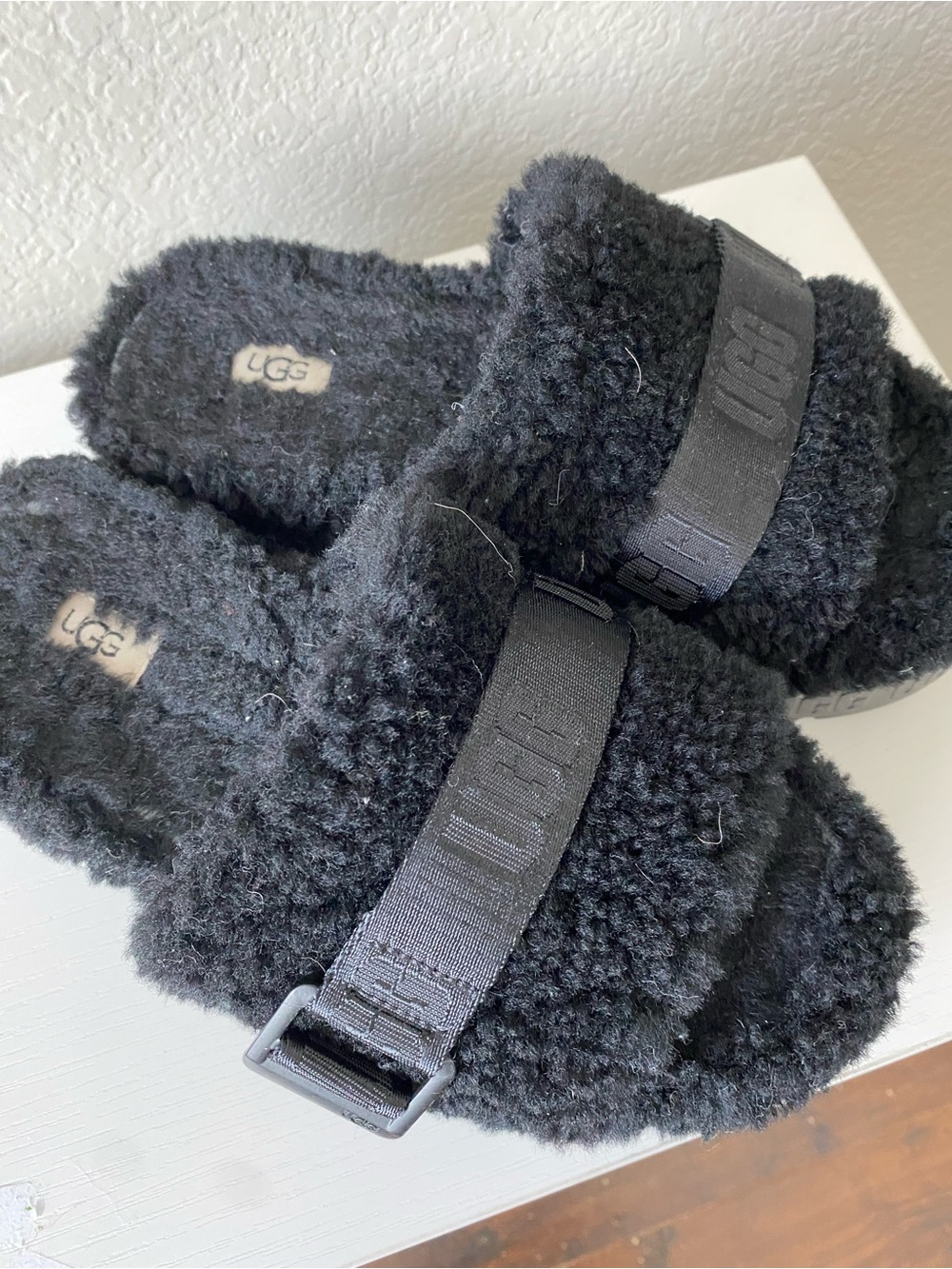 UGG Black Fuzz Slide Sandals with Branded Strap
